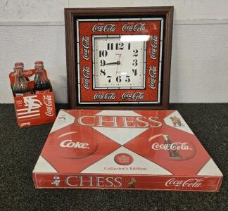 Coca-Cola Collectibles Lot!!! Coca-Cola Clock/Chess/Drink