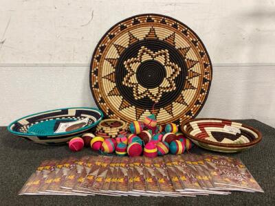 Full Circle Exchange Rwanda Handmade African Woven Goods Including Bowl Set Of (3), Ornaments, Large Woven Roundel, Baskets And Sister Cards