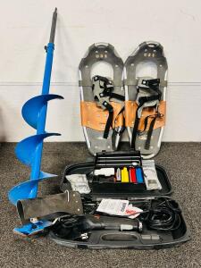 Auger Tool, Pair Of Power Ridge Snow Shoes, Locks, Electric Fillet Knife, Knife Sharpening Set and More