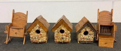 Homemade Miniature Wooden Furniture and Stone Birdhouses, Rocking Chairs with Drawers