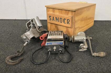 Custom Wood Box With Lid, Ratchet Winch Hoist, Battery Tester
