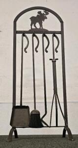 Classic Rustic Moose Iron Fireplace Tools 4pc w Stand Brown Metal Lodge