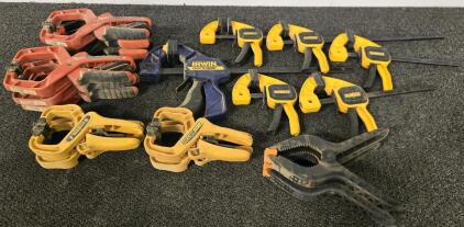 Collection of Wood Clamps: Dewalt, Milwaukee, Irwin, Bessey