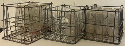 Vintage Cream Crest Glass Milk Bottles with Metal Crates