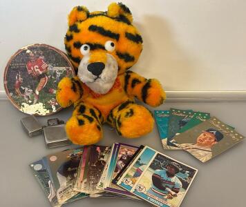 Vintage Collectibles Lot: Dakin Sambo's Tiger, Zippo Lighters, Topps Baseball Cards, 49ers Plate