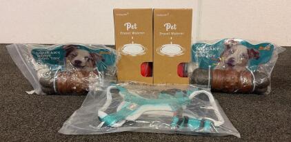 Dog Lot!! Including (1) XS Supet No Pull Dog Harness, (2) Squeaky Bone Dog Toys, And (2) Pet Travel Waterers