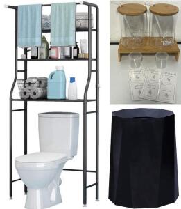 Over The Toilet Bathroom Shelving, Glass Laundry Detergent Dispensers & 2.1 Gal Bathroom Trash Bin