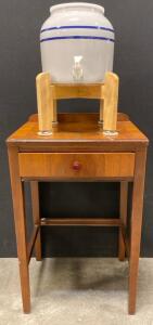 Wooden Side Table, And Porcelain Ceramic Crock Water Dispenser With A Wooden Stand