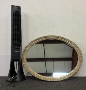 (1) Honeywell QuietSet Oscillating Whole Room Tower Fan And (1) Vintage Ornate Oval Wall Mirror With a Gold-Colored Frame!!