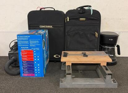 (1) Workmate portable workbench, (2) Black Fabric Suitcases, (1) Vicks Warm Mist Humidifier, And So Much More
