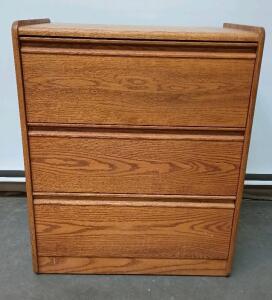 3 Drawer Oak Dresser With Melamine Drawers Length=18" Width=25 3/4" Height=30 1/2"