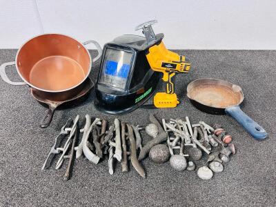 (2) Cast Iron Pans, Copper Pot, Welding Helmet, Zaygyize Power Tool, and Collection Of Rustic Style Cabinet Handles/ Knobs