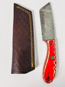 Custom Fixed Blade Knife, Damascus Steel, Red Wood Handle, Leather Sheath