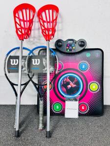 Pair Of Wilson Tennis Rackets, Lacrosse Sticks, And Music Boxing Pad