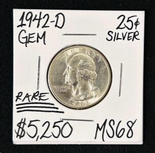 1942-D Washington Quarter, 25c Silver, MS68, Rare Coin