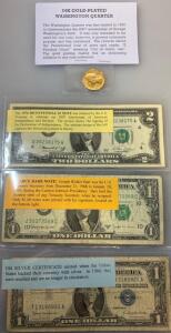 24K Gold-Plated Washington Quarter, 1976 Bicentennial $2 Note, "Scarce Barr Note" $1 bill, An Old Silver Certificate $1 bill