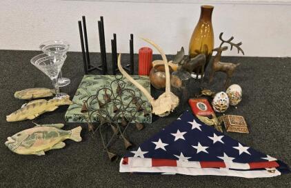 Collection of Vintage Decorative Items Including: Deer Antler Skull Mount, Decorative American Flag, & Various Figurines