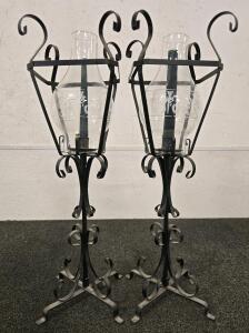 Vintage Wrought Iron Hurricane Candle Holders W/ Glass Globes