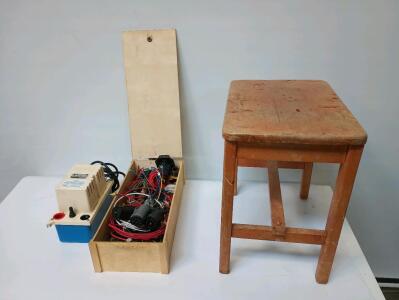 Little Giant Condensate Pump, Wooden Step Stool 17" Tall, Wooden Box With Various Trailer Hitch Wires, And More