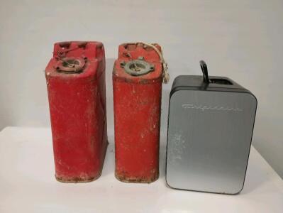 Frigidaire Mini Fridge Length=13" Width=10" Height=14", (2) Metal Jerry Cans