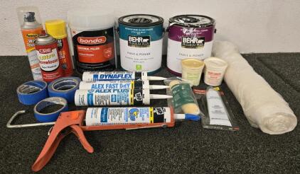 Collection of Common Home Improvement/Painting Supplies Including: Caulk, Paint, Tape, Body Filler Product & More
