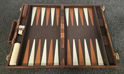 Vintage Aries Beverly Hills Backgammon set in a Brown Faux Leather Attach&eacute; Case