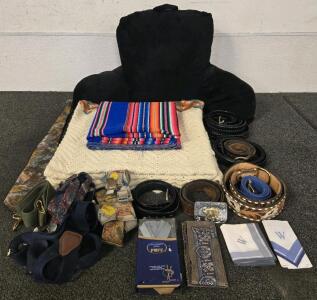 Back Rest Pillow, (2) Blankets, Belts, Suspenders, Pocket squares, Neck Tie