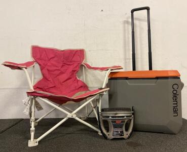 Rolling Coleman Cooler, Foldable Camp Chair And Propane Catalytic Heater