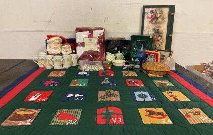 Advent Quilt Calender, New Velvet Berber Throw, Mugs, Goblets, Dickens Jeepsake Porcelain Lighted House, Silverware And More