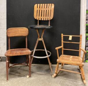 (3) Vintage Chairs, (1) Swivel Bar Stool, (1) Small Antique Rocker, And (1) Small Wooden Children&rsquo;s Chair