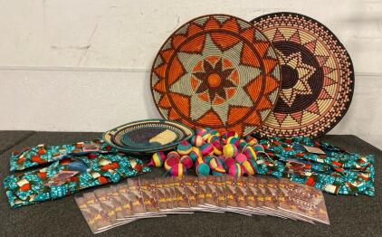 Full Circle Exchange Rwanda Handmade African Woven Goods Including Bowl Set Of (3), (4) Bags, (4) Sarongs Ornaments, Large Basket, Large Woven Roundel And Sister Cards