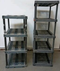 (2) Plastic Storage Shelves, 1-5 Tier Length=36" Width=24" Height=70", 1-4 Tier Length=36" Width=24" Height=56"