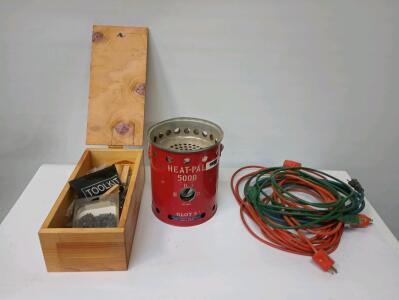 Wooden Box With Chain Saw Chains, Tool Kit And Sharpening Files, Gloy's Origo Heat-Pal 5000 Non-Pressurized Alcohol Stove And More