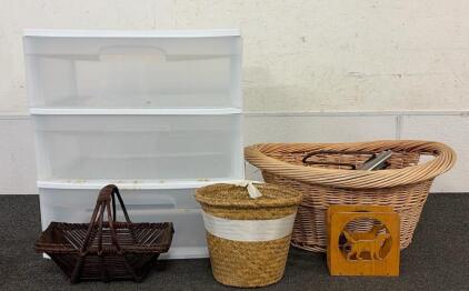 Organizing Home Set!! Including (1) Sterilite 3 Drawer Organizer, (2) Wicored Baskets, (1) Napkin Holder, And More!!