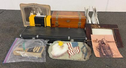 (1) Pair Of Vintage White Leather Ice Skates (Appears To Be A Size 7), (1) Portable Electric Air Duster, (1) Poker Set, And So Much More!!