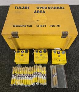 Cold War-era Civil Defense Radiological Dosimeter Chargers (CD V-750) and Dosimeters (CD V-742) w/ Yellow Dosimeter Chest