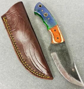 Fixed Blade Hunting Knife with Gut Hook, Multi-Colored Handle, Leather Sheath