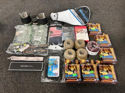 Assorted Lot: Callaway Golf Headcover, Transformers Toys Set, Foxelli Waterproof Pouch, Yarn, and More
