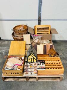 Assorted Woodworking Supplies with Books, Birdhouses, Wooden Trays, Wooden Baskets and More