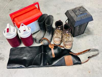 (2) Pairs Of Mens Boots, Leather Apron, Small Cooler, (2) Wayer Jugs, and Bug Zapper