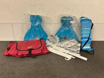 (2) Adjustable Swim Fins, (2) Beach Umbrellas and (1) Red Bag