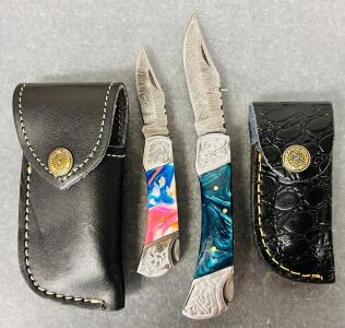 Custom Folding Knives, Damascus Steel, Multicolored Resin Handles, Leather Pouches
