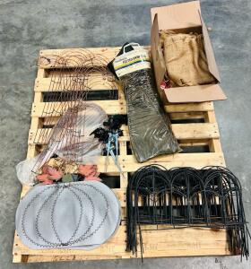 Gardening and Outdoor Equipment Bundle: Sprinkler Stakes, Decorative Pumpkins, Fencing, Swim Fins, and Box Of Burlap Bags