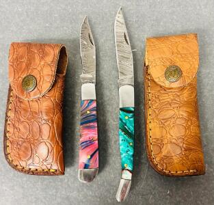 Damascus Steel Pocket Knives, Multicolored Resin Handles, Leather Sheaths