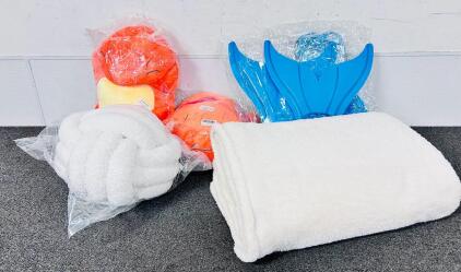 (2) Charmander Plush Animals, (3) Adjustable Swim Fins, CKAL Trading Post Round Pillow and Plush Throw Blanket