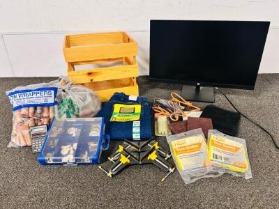 HP Monitor, Wood Crate, Coin Wrappers, Tack Cloths, Wrangler Slim Fit Cowboy Cut Jeans (32x29), Glue Gun, Dremel Attachments and More