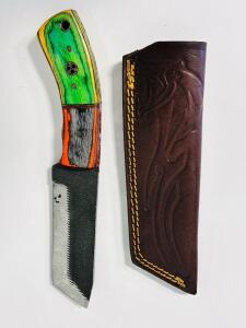 Fixed Blade Knife with Multicolored Handle and Leather Sheath
