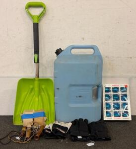 (1) Rubbermaid 6-gallon water Container, (1) Suncast Adjustable Snow Shovel, (3) Duck Calls, And So Much More!!