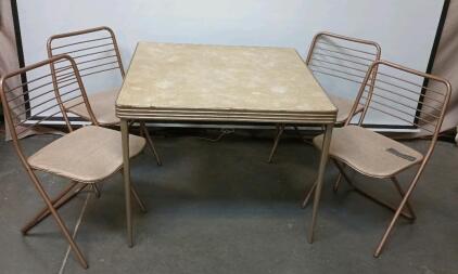Vintage Card Table 35" Square 27 1/2" Tall, With (4) Folding Metal Chairs