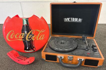 (1) Victrola Vintage 3-Speed Suitcase Turntable, (1) Coca-Cola Novelty Phone